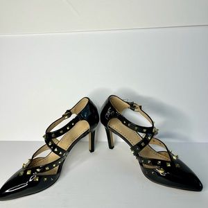 Adrienne Vittadini Navi Patent Leather Shoes black white gold spikes size 9